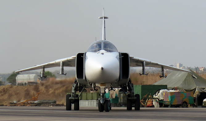 A Russian SU-24 M bomber (the type that was shot down) at the Syrian Hmeymim airbase, outside Latakia. EPA/Russian Defence Ministry A Russian SU-24 M bomber (the type that was shot down) at the Syrian Hmeymim airbase, outside Latakia. EPA/Russian Defence Ministry