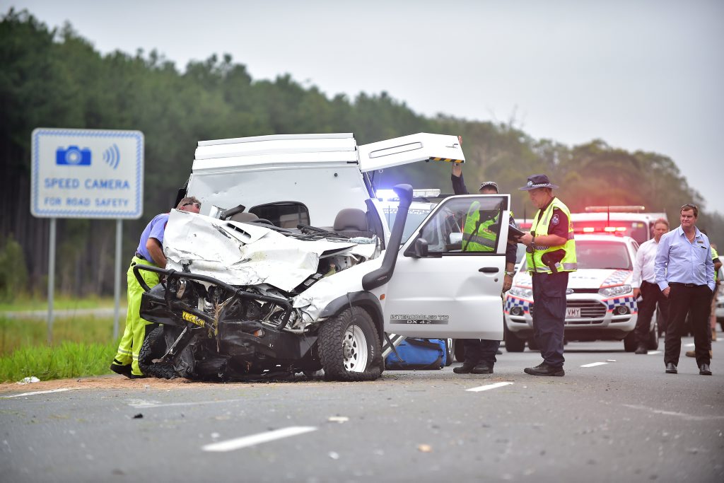 Multiple vehicle fatal crash on the Bruce Highway 3 kilometers south of the Caloundra turnoff. The ute that crossed into oncoming traffic. Multiple vehicle fatal crash on the Bruce Highway 3 kilometers south of the Caloundra turnoff. The ute that crossed into oncoming traffic.