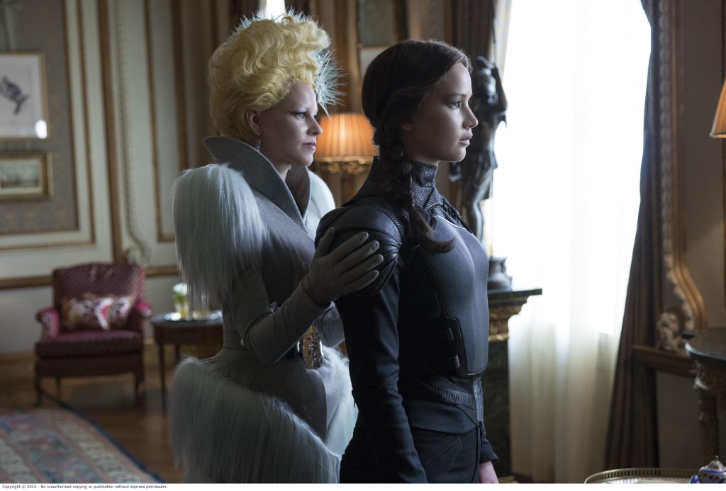 Elizabeth Banks and Jennifer Lawrence in a scene from the movie The Hunger Games: Mockingjay - Part 2. 