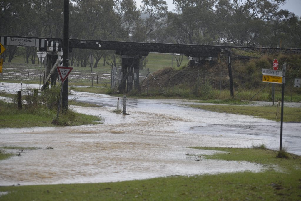 Water at the railway overbridge at the southern end of Glengallan Rd. Photo Gerard Walsh / Warwick Daily News Water at the railway overbridge at the southern end of Glengallan Rd. Photo Gerard Walsh / Warwick Daily News