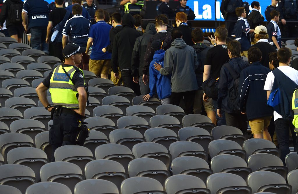 Victory fans walk out en masse at the 30th minute in protest during the Melbourne Victory and Adelaide United round 8 match at Etihad Stadium in Melbourne. Photo: AAP Image/Tracey Nearmy. Victory fans walk out en masse at the 30th minute in protest during the Melbourne Victory and Adelaide United round 8 match at Etihad Stadium in Melbourne. Photo: AAP Image/Tracey Nearmy.