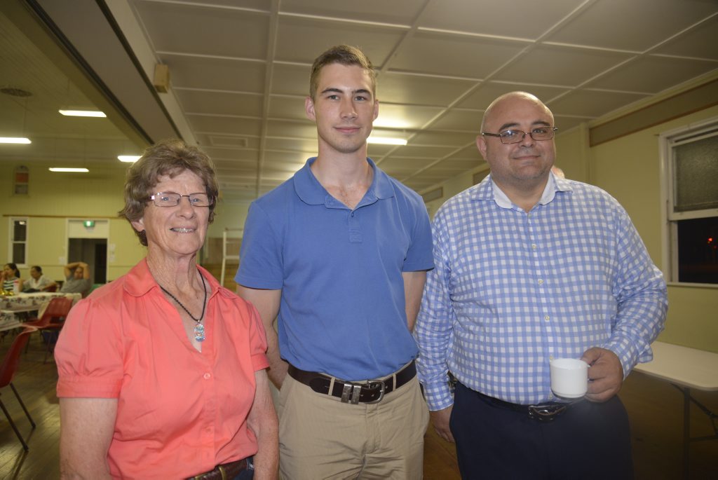 Rita Collins, Tom Duncan, of Holy Spirit Seminary at Banyo, and Fr Gonzalo Garcia Duran at the St Mary's Christmas party. Photo Gerard Walsh / Warwick Daily News