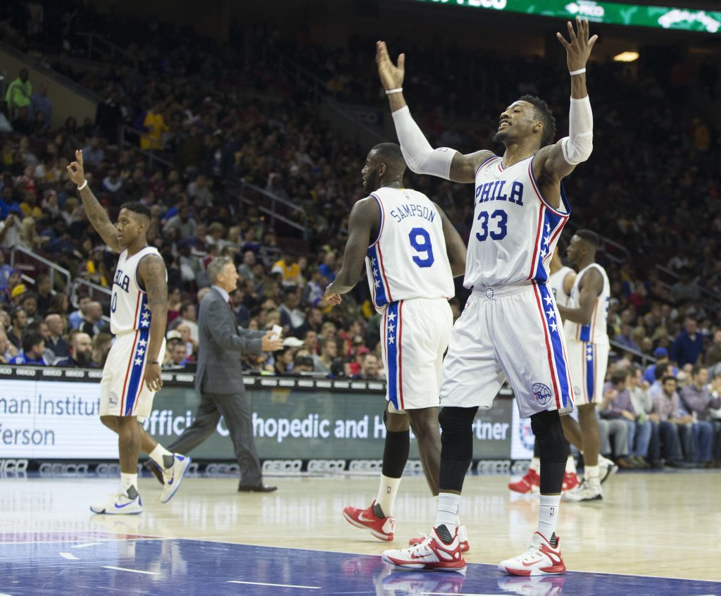 Robert Covington (33) of the Philadelphia 76ers celebrates the drought-breaking win at the Wells Fargo Center in Philadelphia over the LA Lakers. Photo: Mitchell Leff/Getty Images. Robert Covington (33) of the Philadelphia 76ers celebrates the drought-breaking win at the Wells Fargo Center in Philadelphia over the LA Lakers. Photo: Mitchell Leff/Getty Images.