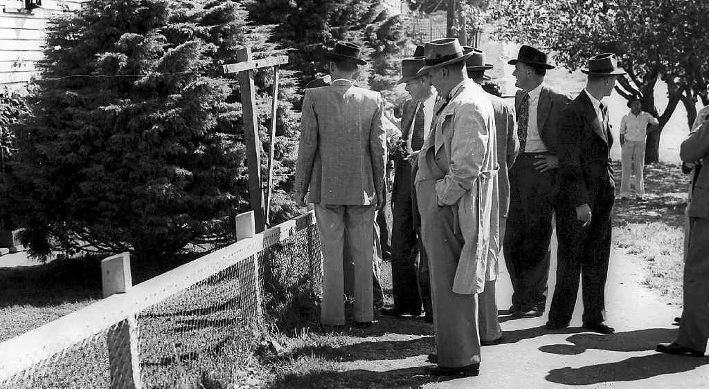 COLD CASE: Investigators at the crime scene on September 20, 1952, the day after the murder of Betty Shanks (pictured) in Wilston. COLD CASE: Investigators at the crime scene on September 20, 1952, the day after the murder of Betty Shanks (pictured) in Wilston.