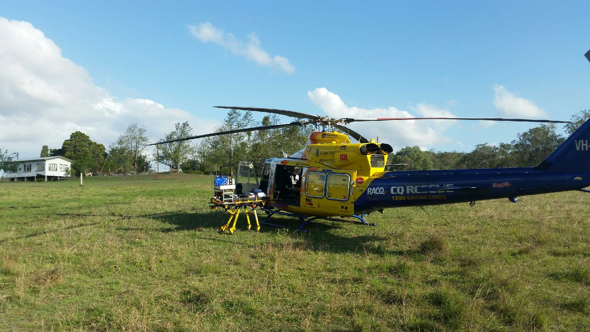 RACQ CQ Rescue landed in a grassed clearing on a property at St Lawrence yesterday to airlift two patients. RACQ CQ Rescue landed in a grassed clearing on a property at St Lawrence yesterday to airlift two patients.
