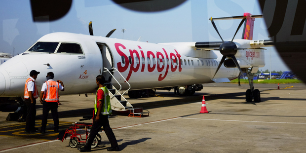 The SpiceJet plane carrying 49 passengers and four crew members hit the boars on the runway at Dumna airport at Jabalpur, India. Photo / AP The SpiceJet plane carrying 49 passengers and four crew members hit the boars on the runway at Dumna airport at Jabalpur, India. Photo / AP