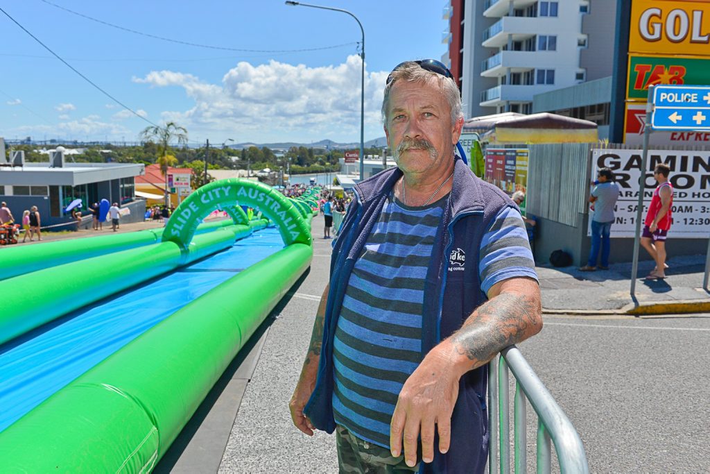 Wayne Martin was among hundreds of angry Gladstone parents who bought tickets to the morning session of O'Shea's Slide City Australia which had no water. Wayne Martin was among hundreds of angry Gladstone parents who bought tickets to the morning session of O'Shea's Slide City Australia which had no water.