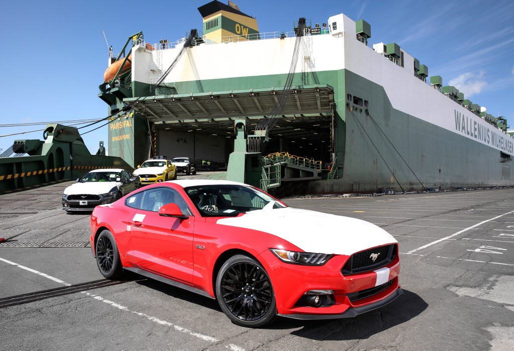 PONY EXPRESS: Freshly minted Mustangs roll off the ship at Melbourne, ready for eager muscle car shoppers who have bought the iconic Fords in droves PONY EXPRESS: Freshly minted Mustangs roll off the ship at Melbourne, ready for eager muscle car shoppers who have bought the iconic Fords in droves