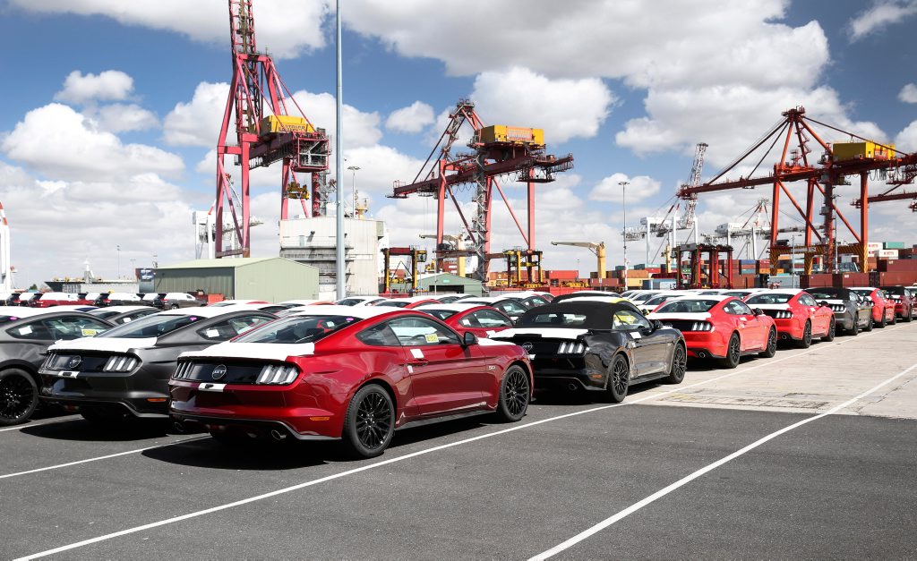 The first Australian-delivered Ford Mustangs arrive in Melbourne. Photo: Contributed. The first Australian-delivered Ford Mustangs arrive in Melbourne. Photo: Contributed.