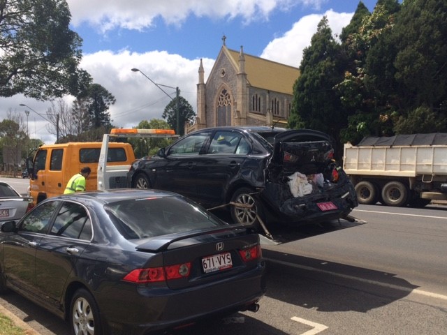 The sedan involved in a collision with a petrol tanker on James St in the Toowoomba city this morning. The sedan involved in a collision with a petrol tanker on James St in the Toowoomba city this morning.