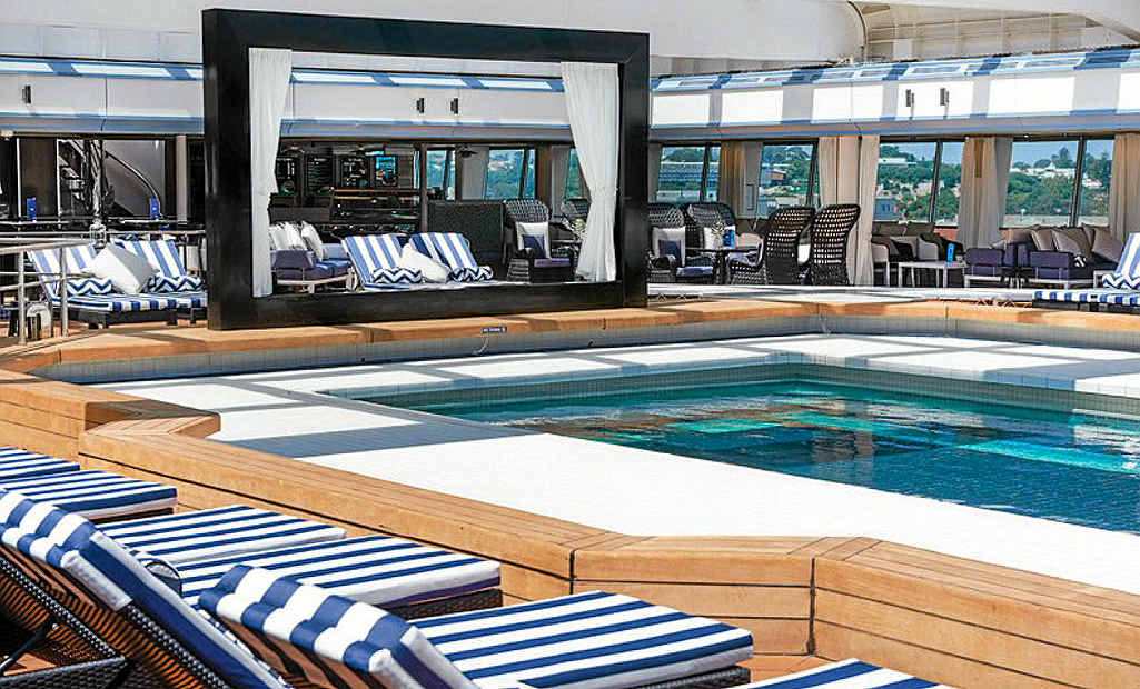One of two resort-style swimming pools aboard the revamped Pacific Aria. One of two resort-style swimming pools aboard the revamped Pacific Aria.