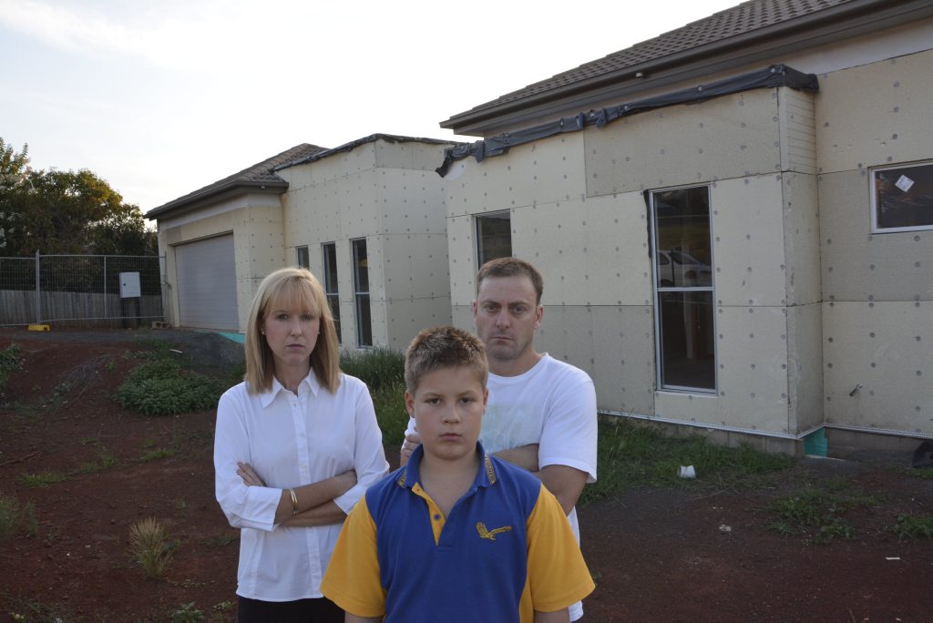The Barton family (from left) Priscilla, Jaiden and Robert Barton outside their unbuilt Rangeville home. The Barton family (from left) Priscilla, Jaiden and Robert Barton outside their unbuilt Rangeville home.