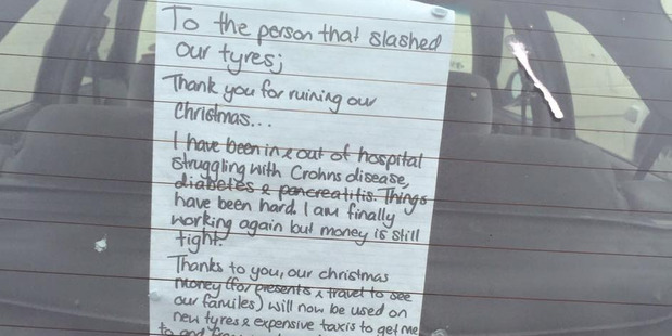 The note attached to vehicle after the tyres were slashed. The note attached to vehicle after the tyres were slashed.