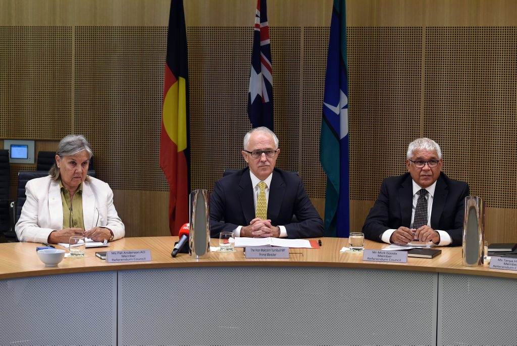 Australian Prime Minister Malcolm Turnbull (centre) and Aboriginal leaders Pat Anderson (left) and Mick Gooda listen as Professor Patrick Dodson addresses the first meeting of the Referendum Council on constitutional recognition of Aboriginal and Torres Strait Islander peoples, in Sydney on Monday, Dec. 14, 2015. Australian Prime Minister Malcolm Turnbull (centre) and Aboriginal leaders Pat Anderson (left) and Mick Gooda listen as Professor Patrick Dodson addresses the first meeting of the Referendum Council on constitutional recognition of Aboriginal and Torres Strait Islander peoples, in Sydney on Monday, Dec. 14, 2015.