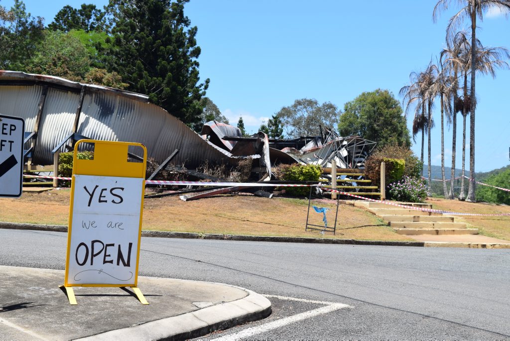 Sign of the times. The Kandanga pub will continue trading despite burning to the ground on Saturday. Sign of the times. The Kandanga pub will continue trading despite burning to the ground on Saturday.