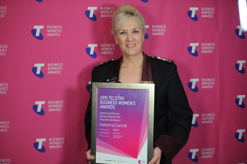 Katarina Carroll is the national winner of the government and academia category in the 2015 Telstra Business Women's Awards in November in Melbourne. Katarina Carroll is the national winner of the government and academia category in the 2015 Telstra Business Women's Awards in November in Melbourne.