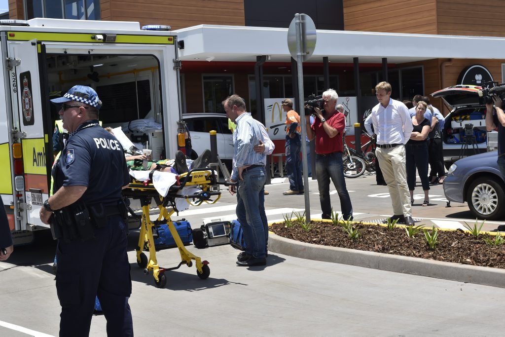 A car has crashed into a section of the new McDonald's Restaurant on Herries Street injuring two children. A car has crashed into a section of the new McDonald's Restaurant on Herries Street injuring two children.