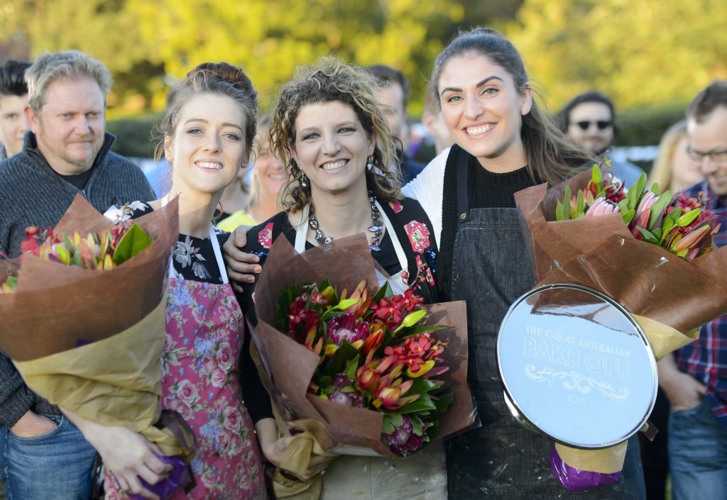 The Great Australian Bake Off winner Sian Redgrave, right, pictured with finalists Jasmin Hartley, left, and Suzy Stefanidis. The Great Australian Bake Off winner Sian Redgrave, right, pictured with finalists Jasmin Hartley, left, and Suzy Stefanidis.