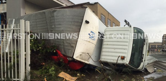 A truck has flipped in destructive winds that have moved through Kurnell. A truck has flipped in destructive winds that have moved through Kurnell.
