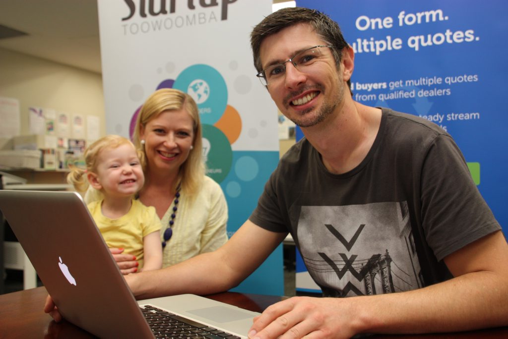 Our Village app creators Felicity Dougherty and Matthew Findlay with little Suzy Dougherty. Photo Megan Masters / The Chronicle Our Village app creators Felicity Dougherty and Matthew Findlay with little Suzy Dougherty. Photo Megan Masters / The Chronicle