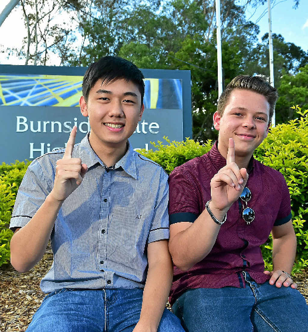 OUTSTANDING: Burnside State High School Students Siyuan Cai (left) and James Shingles celebrate their OP1 scores. OUTSTANDING: Burnside State High School Students Siyuan Cai (left) and James Shingles celebrate their OP1 scores.
