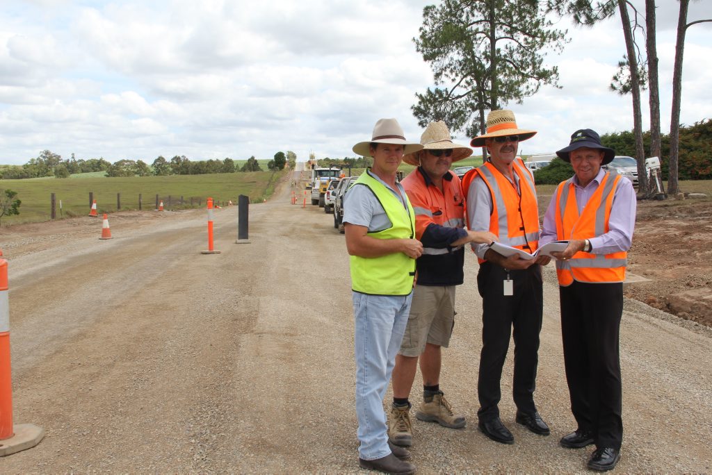 NEARLY DONE: Cr James Hansen (L), JAC Civil site supervisor Simone Betts, FCRC Executive Manager Works and Services Bryan Hart and Cr Trevor McDonald Check progress on Yerra Road. NEARLY DONE: Cr James Hansen (L), JAC Civil site supervisor Simone Betts, FCRC Executive Manager Works and Services Bryan Hart and Cr Trevor McDonald Check progress on Yerra Road.