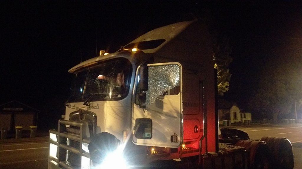 BE WARNED: A truck was damaged after it was reportedly hit by a rock thrown by a pedestrian in Toowoomba Sunday night. BE WARNED: A truck was damaged after it was reportedly hit by a rock thrown by a pedestrian in Toowoomba Sunday night.