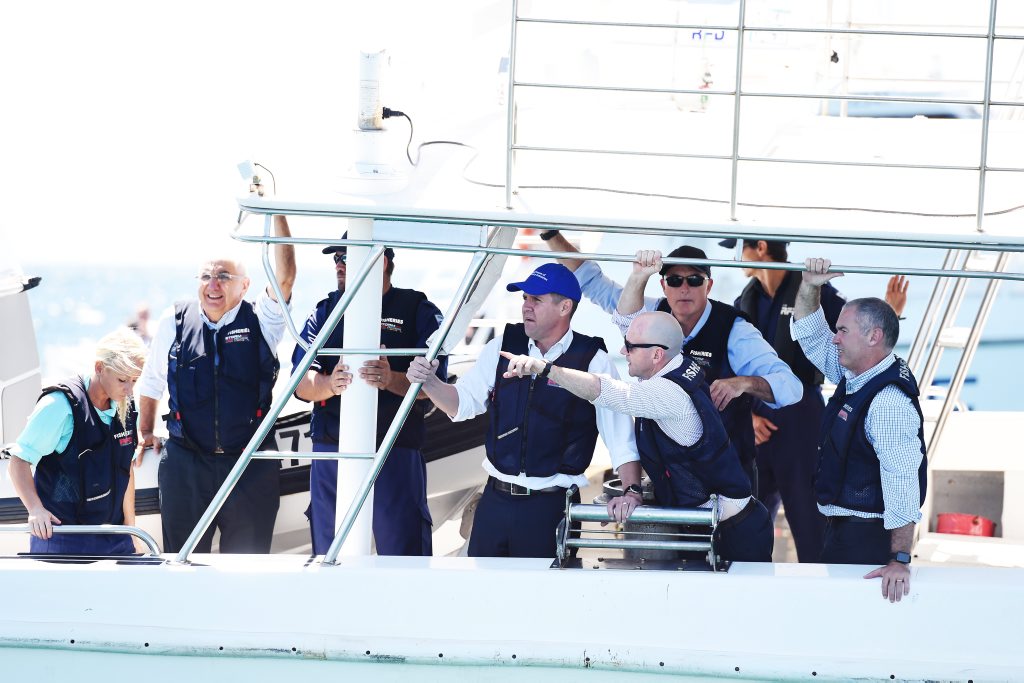 NSW Premier Mike Baird journeyed out onto the ocean to witness the new drum line be deployed along the Ballina coast line. Photo Marc Stapelberg / The Northern Star NSW Premier Mike Baird journeyed out onto the ocean to witness the new drum line be deployed along the Ballina coast line. Photo Marc Stapelberg / The Northern Star