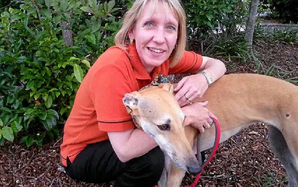 Petra Westphal and greyhound Holly. Petra Westphal and greyhound Holly.