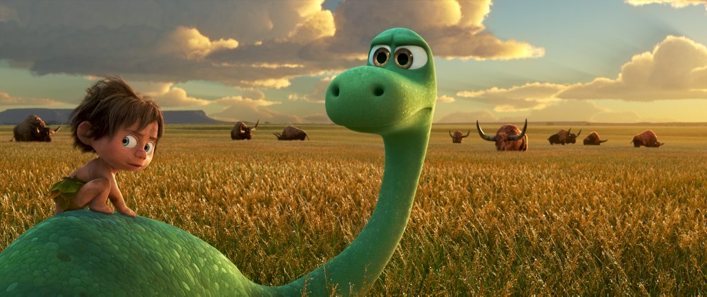 Arlo, an Apatosaurus, meets a human named Spot in the movie The Good Dinosaur. Arlo, an Apatosaurus, meets a human named Spot in the movie The Good Dinosaur.