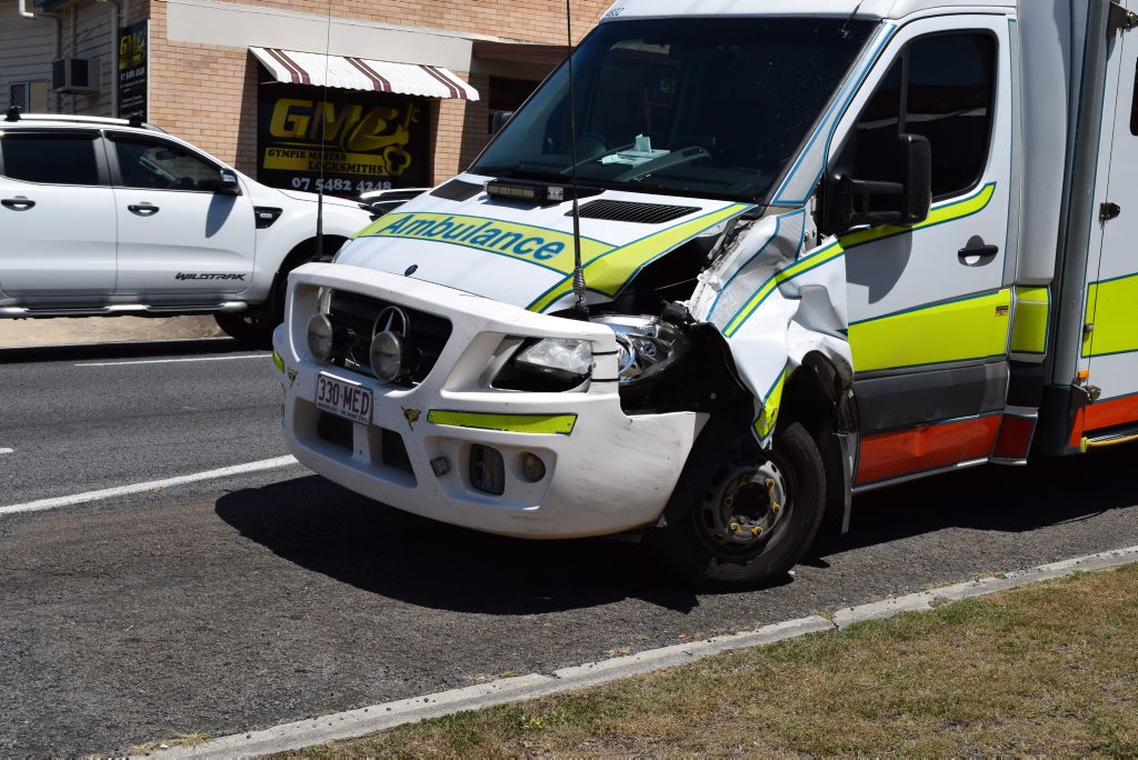 A Gympie ambulance shows damage after being involved in accident at the Stuart Tce and Horseshoe Bend intersection while on a call out. A Gympie ambulance shows damage after being involved in accident at the Stuart Tce and Horseshoe Bend intersection while on a call out.