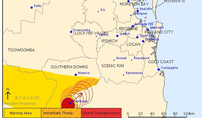 Severe thunderstorm moving north from Stanthorpe, bringing hail and strong winds.