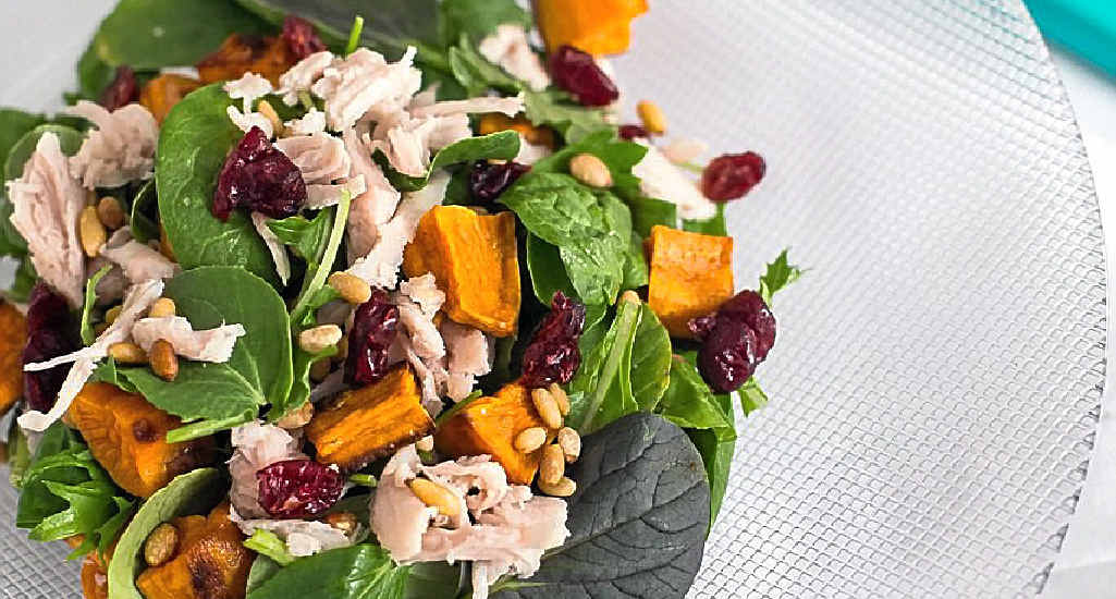 Dan and Steph’s leftover turkey, sweet potato and pine nut salad. Dan and Steph’s leftover turkey, sweet potato and pine nut salad.