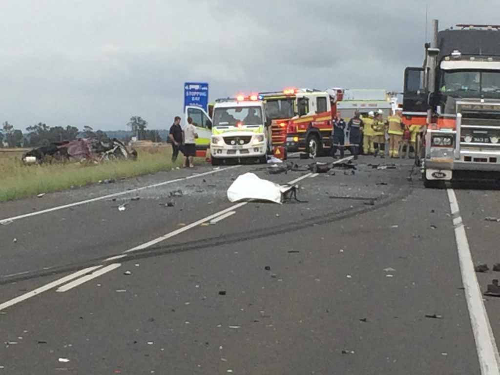 A serious crash between a bus and car on the Warrego Hwy near Toowoomba. A serious crash between a bus and car on the Warrego Hwy near Toowoomba.