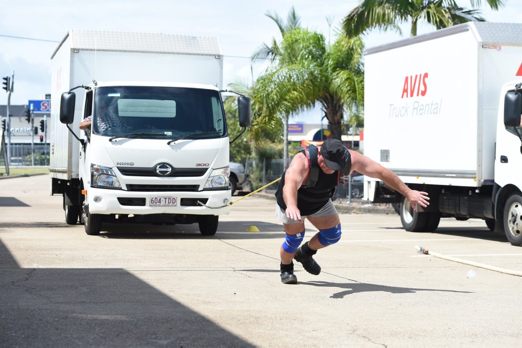 Strongman challenge at Physique Fitness - Lawry Poole from Stanthorpe gives it his all in the truck pull. Photo: Alistair Brightman / Fraser Coast Chronicle