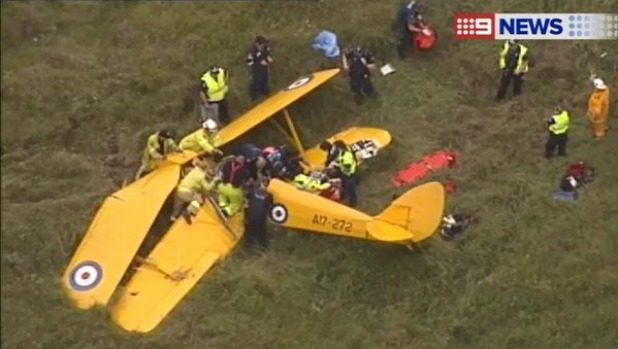 The scene from above the Tiger Moth crash at Norwell, near Pimpama. Photo: Nine News The scene from above the Tiger Moth crash at Norwell, near Pimpama. Photo: Nine News