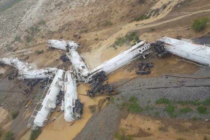 A freight train carrying sulphuric acid has derailed in north Queensland. Image: Queensland Police Service A freight train carrying sulphuric acid has derailed in north Queensland. Image: Queensland Police Service