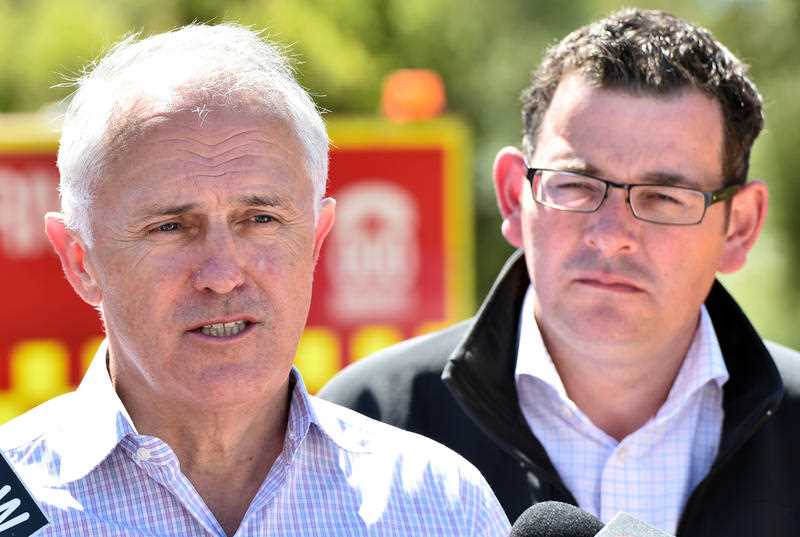 Prime Minister Malcolm Turnbull (left) and Victorian Premier Daniel Andrews address the media in Wye River on Tuesday, December 29, 2015. The coastal town was razed by bushfires on Christmas Day. Prime Minister Malcolm Turnbull (left) and Victorian Premier Daniel Andrews address the media in Wye River on Tuesday, December 29, 2015. The coastal town was razed by bushfires on Christmas Day.
