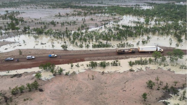 An aerial image shows stranded travellers in far north Queensland on Sunday, surrounded by flood waters. Photo: Qld Police
An aerial image shows stranded travellers in far north Queensland on Sunday, surrounded by flood waters. Photo: Qld Police