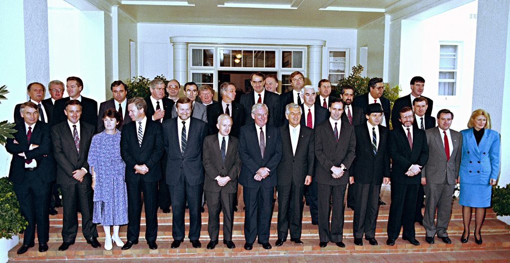 The Ministry of the fourth Hawke government after its swearing-in at Government House, April 1990. Photo National Archives of Australia The Ministry of the fourth Hawke government after its swearing-in at Government House, April 1990. Photo National Archives of Australia