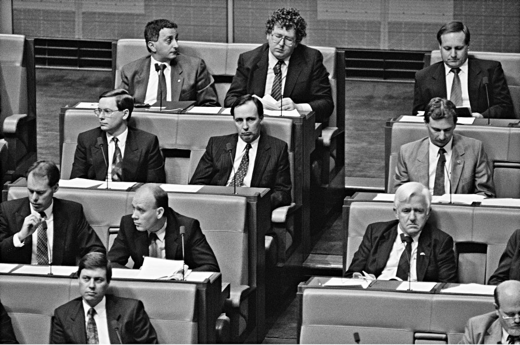 Treasurer John Kerin delivering his first Budget speech, August 1991. Paul Keating, who had recently resigned as Treasurer following an unsuccessful leadership challenge to Prime Minister Bob Hawke, can be seen on the backbench. Photo National Archives of Australia Treasurer John Kerin delivering his first Budget speech, August 1991. Paul Keating, who had recently resigned as Treasurer following an unsuccessful leadership challenge to Prime Minister Bob Hawke, can be seen on the backbench. Photo National Archives of Australia