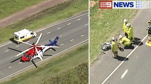 The car collided with the bike just after 1pm on Tuesday. Photo: Nine News
The car collided with the bike just after 1pm on Tuesday. Photo: Nine News