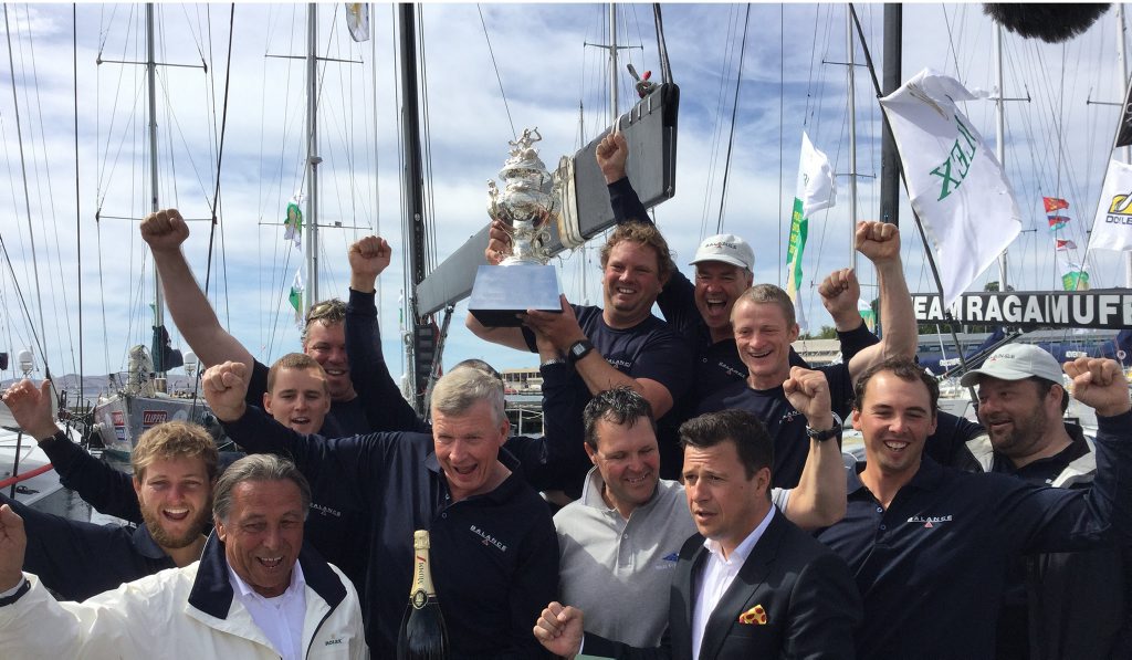 The Balance crew celebrates winning line honours. The Balance crew celebrates winning line honours.