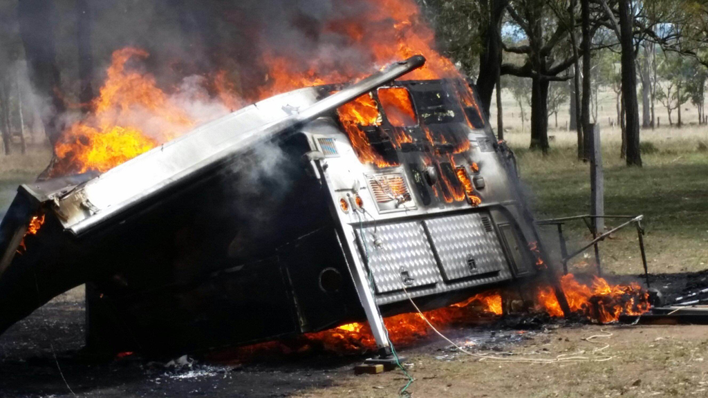 Fire tears through a caravan at Murray's Bridge this morning. Fire tears through a caravan at Murray's Bridge this morning.