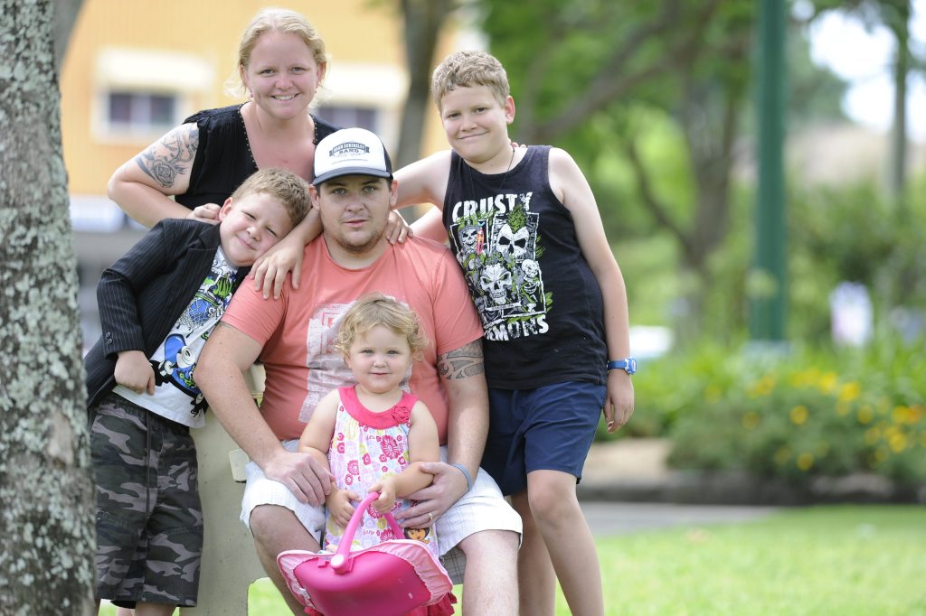 Image for sale: Deon and Kirstie Palmer with their family Harrison and Cooper Dendle - Duroux and Harper Dendle - Palmer at Market Square Grafton on Saturday, 2nd January, 2016.