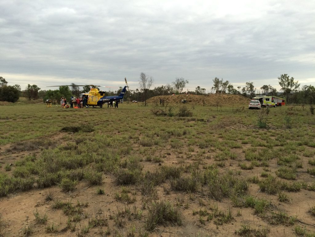 RACQ CQ Rescue landed near the motocross track in Tieri to airlift two patients to Mackay Base Hospital yesterday after a serious head-on collision. Photo RACQ-CQ Rescue RACQ CQ Rescue landed near the motocross track in Tieri to airlift two patients to Mackay Base Hospital yesterday after a serious head-on collision. Photo RACQ-CQ Rescue