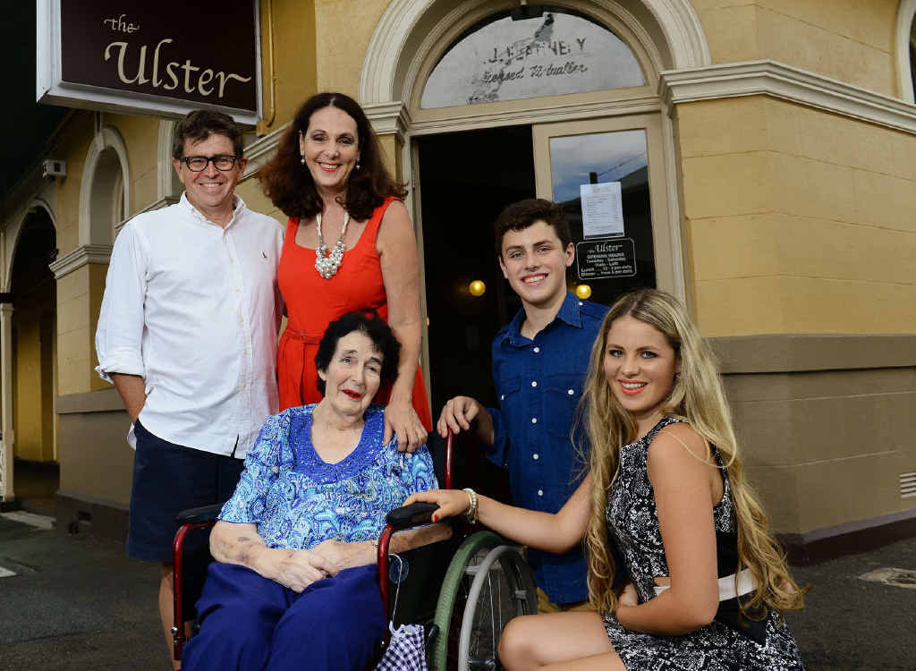 PROUD HISTORY: The Ulster Hotel has been a part of this family for four generations. Pictured are 87-year-old Norma Flannery (deceased) with her daughter Bev Johnston, son-in-law Peter Johnston and grandchildren Declan and Chloe Johnston. PROUD HISTORY: The Ulster Hotel has been a part of this family for four generations. Pictured are 87-year-old Norma Flannery (deceased) with her daughter Bev Johnston, son-in-law Peter Johnston and grandchildren Declan and Chloe Johnston.