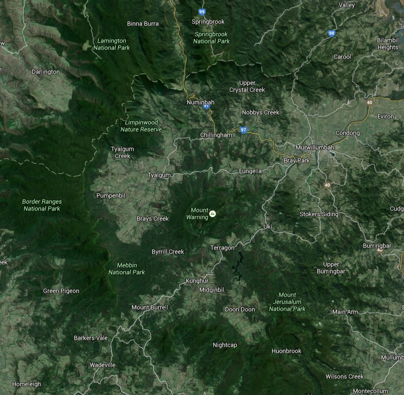 A Google satellite view of the Tweed Caldera gives an insight into this amazing ancient land form. To truly appreciate the caldera in full one is recommended to travel to several sides to appreciate the landscape. A Google satellite view of the Tweed Caldera gives an insight into this amazing ancient land form. To truly appreciate the caldera in full one is recommended to travel to several sides to appreciate the landscape.