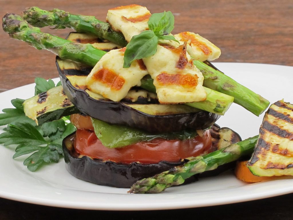 Barbecued vegetable and haloumi stack. Please credit photo to Maggie Cooper. Barbecued vegetable and haloumi stack. Please credit photo to Maggie Cooper.