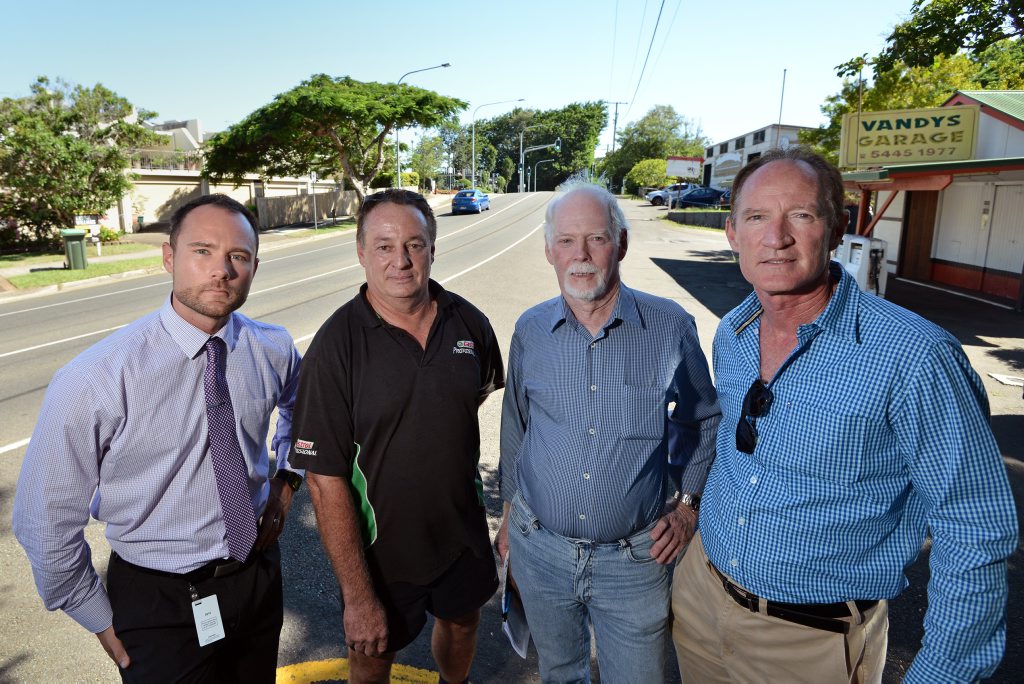 Proposed uturn access on burnett Street, Buderim for the new aged care development site. (LtoR) Division 6 Councillor Christian Dickson, owner of Vandy's Garage Glen Grant, president of Buderim Safe Brian McBride and State member for Buderim Steve Dickson. Photo Patrick Woods / Sunshine Coast Daily Proposed uturn access on burnett Street, Buderim for the new aged care development site. (LtoR) Division 6 Councillor Christian Dickson, owner of Vandy's Garage Glen Grant, president of Buderim Safe Brian McBride and State member for Buderim Steve Dickson. Photo Patrick Woods / Sunshine Coast Daily